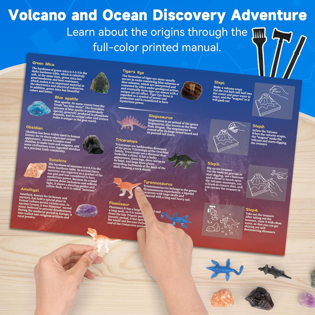Volcano Science Kit - 6 Rocks Gemstone Excavation Kit, Dinosaur Fossil Digging Kit for Kids，Erupting Volcano Toy Rock Collections STEM Toys Gift for Boys & Girls