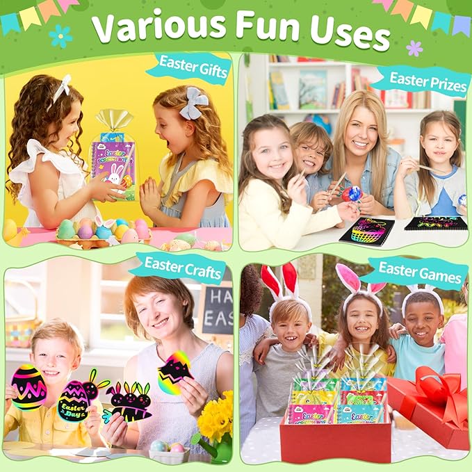 ZMLM Rainbow Scratch Party Favors Kids: Birthday Gifts Toy Bulk Scratch Art Notebook 24 Pack Birthday Goodie Bags Stuffers Girls Boys Art Craft Pad Classroom Prizes School Teacher Supplies (Easter)