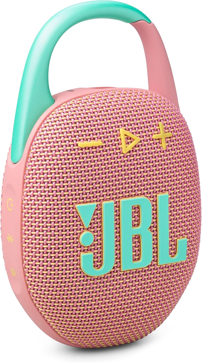 JBL Clip 5 - Ultra-Portable, Waterproof & Dustproof Bluetooth Speaker, Big Pro Sound with Punchy bass, Integrated Carabiner, Up to 12 Hours of Play, Made in Part with Recycled Materials (Pink)