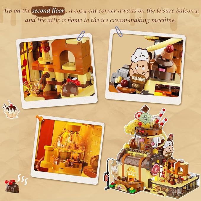 City Ice Cream House Building Set with Lights, 1377 PCS Dessert Shop Building Block Toy with Chocolate Sundae Cone, Sweet Workshop Construction Model for Adults Teens Kids Boys Girls Ages 12+