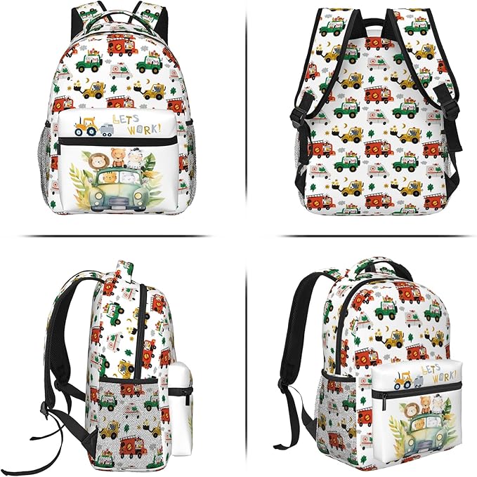 Funny Cars Kids Backpack For School Cute Animal Bear Lion Car Travel Backpack Cartoon Ambulance Digger Fire Engine Waterproof Backpack For Kids Boys Girls For School Travel Hiking