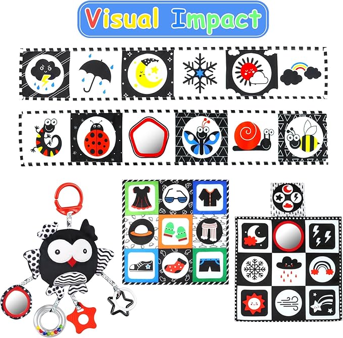 KUANGO Black and White High Contrast Baby Toys 0-6 Months with Mirror, Crinkle and Rattles, Soft Baby Toys for Brain Development Montessori Sensory Tummy Time Newborn Infant for 0 3 6 9 Months Old