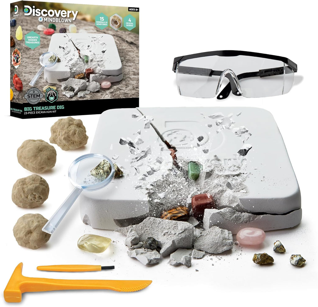 Discovery™ Big Treasure Dig STEM Kit – 23-Piece Excavation Set for Kids| Dig for 15 Gemstones, 4 Crystal Geodes & Pyrite Nuggets| Real Tools| Educational Geology Toy| Science Activity Gift| Ages 8+