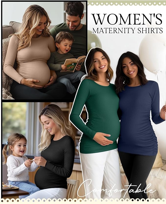 Ficerd 4 Pack Women's Maternity Shirts Cotton Long Sleeve Ribbed Crew Neck Pregnancy Tops Side Ruched Casual Mama Clothes