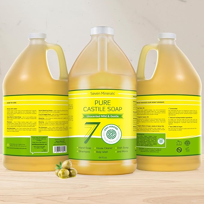 Pure Castile Soap - No Palm Oil, GMO-Free - Gentle Liquid Soap For Sensitive Skin & Baby Wash - All Natural Vegan Formula with Organic Carrier Oils (64 FL Oz, An Unscented)
