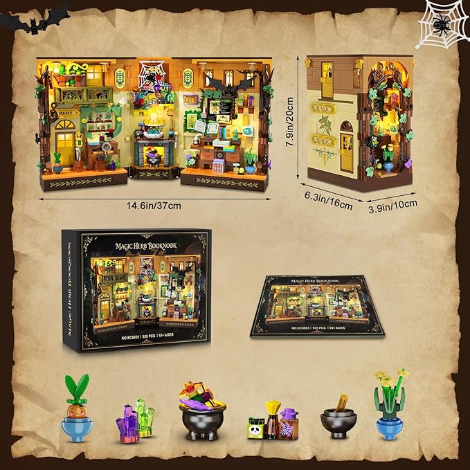 Magic Herb Book Nook Building Set with Light, DIY Booknook Building Block Kit for Home Bookshelf Decor, 930 PCS Miniature House Display Model Building Brick for Adults Teens Boys Girls Ages 12+