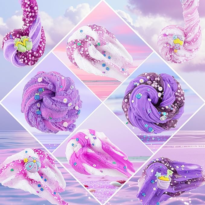 LAWOHO 6 Packs Gradient Purple Slime Kit - Cloud, Butter & Clear Slimes, Crunchy Slimes Kits for Kids with Beach Charms & Add-ins, Party Favors for Girls & Boys, 360ml Soft Non Stick Slime Making Kit