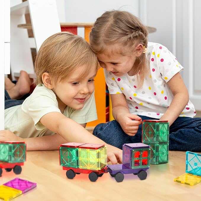 Playmags 2 Piece Car Set: with Stronger Magnets, STEM Toys for Kids, Use with All Magnetic Tiles and Blocks Sturdy, Super Durable with Vivid Clear Color Tiles. (Colors May Vary)