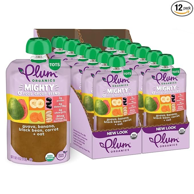 Plum Organics Mighty 4 Organic Toddler Food - Guava, Banana, Black Bean, Carrot, and Oat - 4 oz Pouch (Pack of 12) - Organic Fruit and Vegetable Toddler Food Pouch