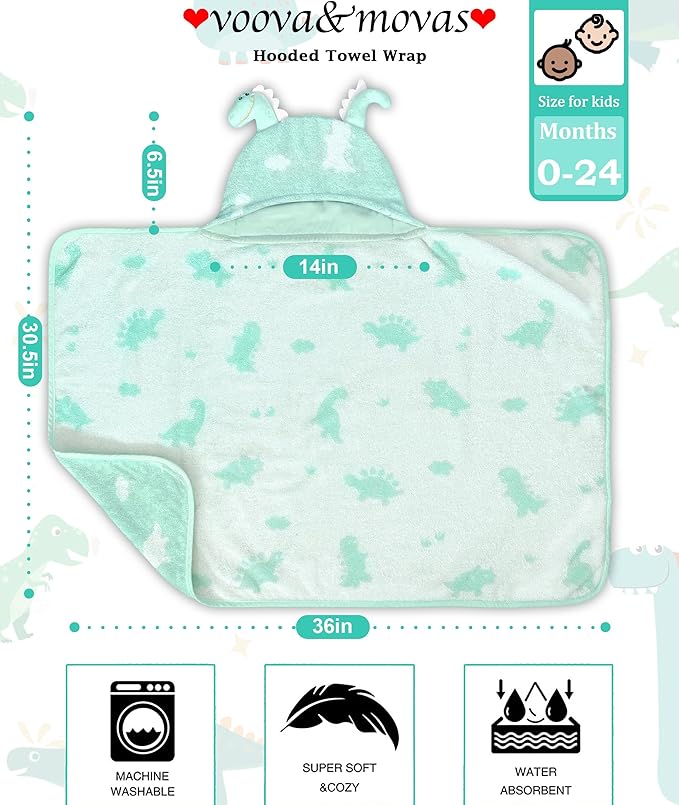 VOOVA & MOVAS Thick Baby Hooded Bath Towel - 100% Cotton,400GSM, 30.5x36 Inches,0-2Years, Super Absorbent Large Towel with Cute Dino Hood for Newborn, Baby, Infant, Dino