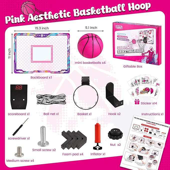 LovesTown Mini Indoor Basketball Hoop for Kids, Pink Basketball Hoops Over The Door with LED Lighting - 4 Balls - DIY Stickers, Great for Home, Dorms, Offices, and Gifts for Girls