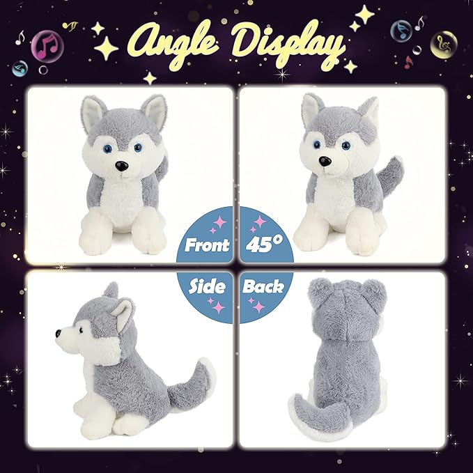 Hopearl LED Musical Stuffed Husky Lighting Up Singing Plush Dog Adjustable Volume Lullaby Animated Soothe Birthday Gifts for Kids Boys Girls, Gray, 12''