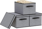 Clothing Storage Bins, Blanket Baskets for Shelves, Fabric Cubes with Handles and Lids, Decorative Linen Closet Organizers Boxes, Gray, 3 Pack, 16.5 x 11.8 x 10.2 Inch