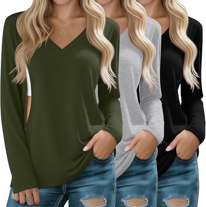 Huukeay 3 Pack Women's Long Sleeve Nursing Tops, Breastfeeding Hidden Zippers Shirts V Neck Maternity Pregnancy Tees Clothes
