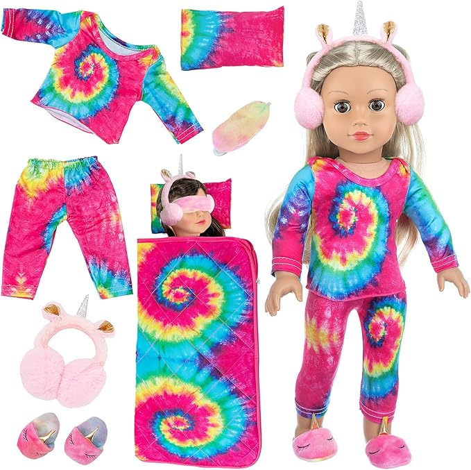 K.T. Fancy 18 Inch Girl Doll Clothes and Accessories Sleeping Bag Set Rainbow Angel of Doll Sleeping Bag, Pajamas, Shoes, Eye Mask, and Doll Pillow Outfits
