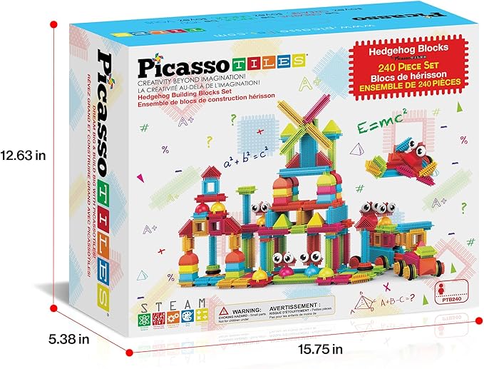 PicassoTiles 240pcs Hedgehog Interlocking Building Shape 3D Blocks, STEAM Educational, Creative, Fun Construction Playset, Sensory Toy Gift for Preschool and Kindergarten Kids, Ages 3 and Up, PTB240