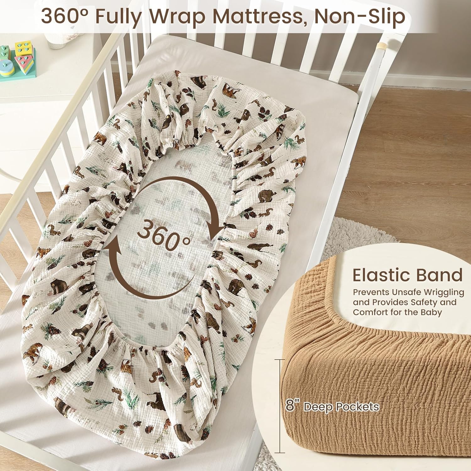 david's kids Muslin Crib Sheets for Boys Girls, 2 Pack 100% Cotton Soft Breathable Fitted Baby Sheet Set, 28x52 Inch Fits Standard Crib and Toddler Mattresses, Woodland Animal