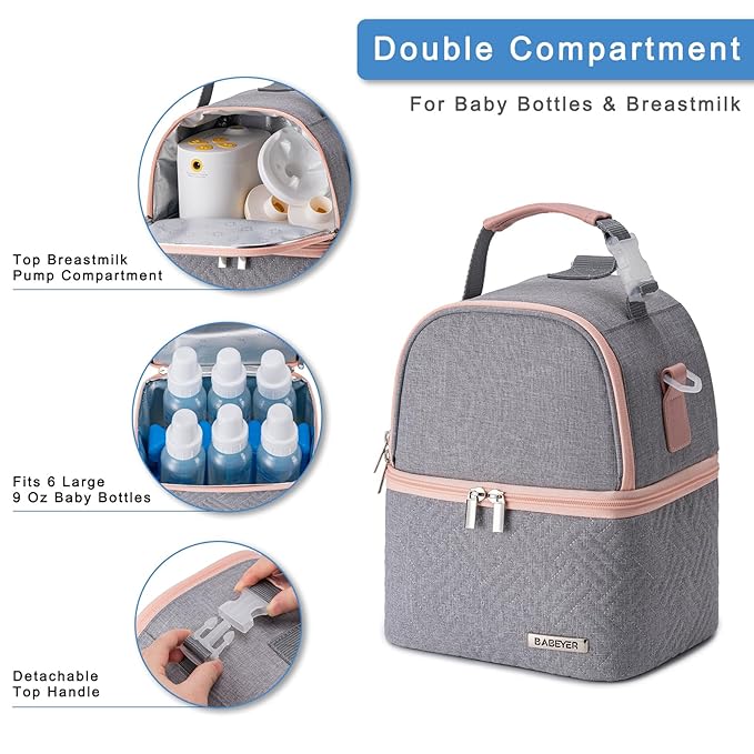 Breastmilk Cooler Bag with Ice Pack Fits 6 Baby Bottles up to 9 Ounce, Breast Milk Pump Cooler Bag with Shoulder Strap for Nursing Mom Daycare, Work, Travel- Grey