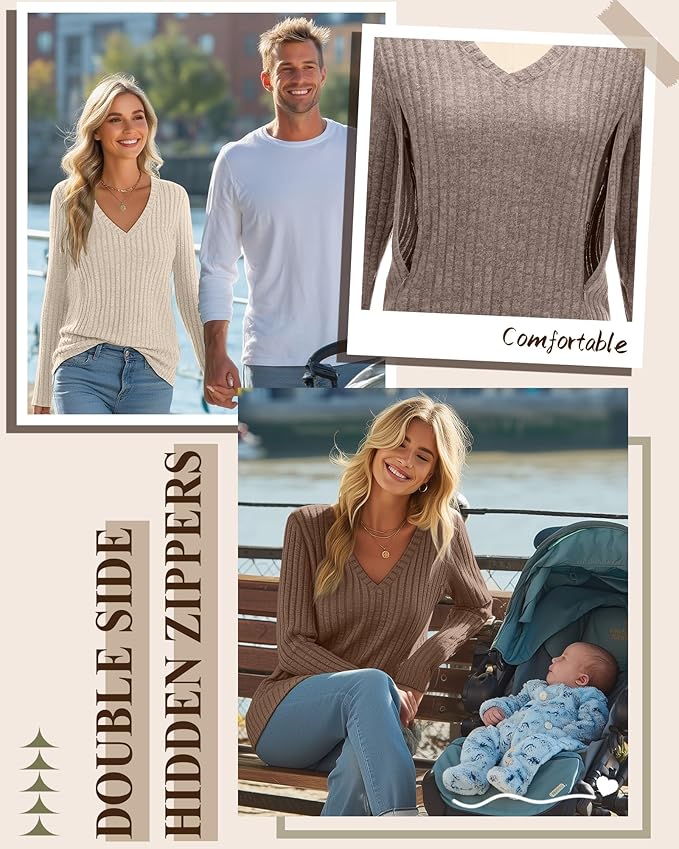 3 Pack Women's Maternity Nursing Tops, V Neck Breastfeeding Sweaters Long Sleeve Hidden Zipper Shirts
