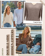 3 Pack Women's Maternity Nursing Tops, V Neck Breastfeeding Sweaters Long Sleeve Hidden Zipper Shirts