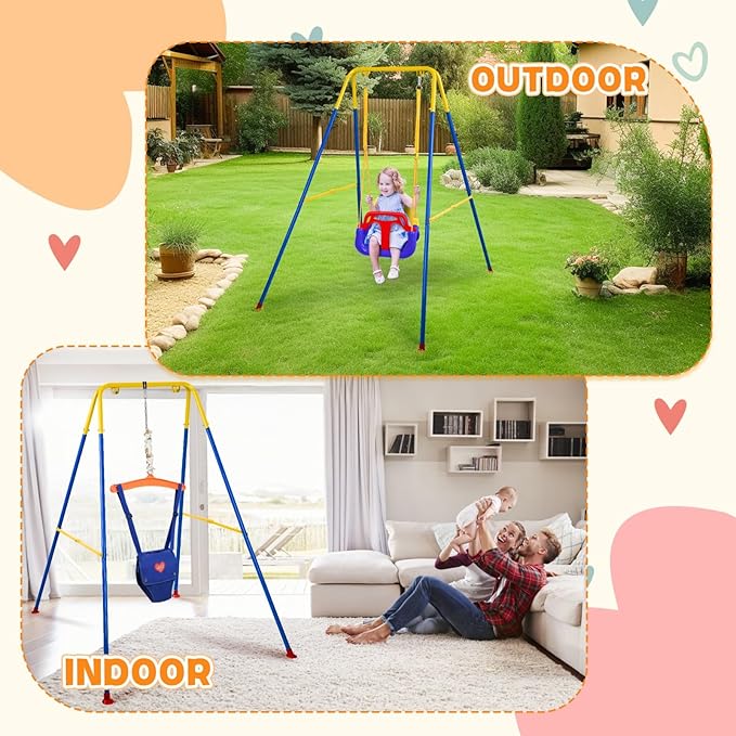 4-in-1 Toddler Swing Set & Baby Jumper and Bouncer for Toddlers, Foldable Baby Swing Stand for Outdoor Indoor Play, Easy to Assemble and Store for Ages 6 Months to 10 Years Old (Blue)
