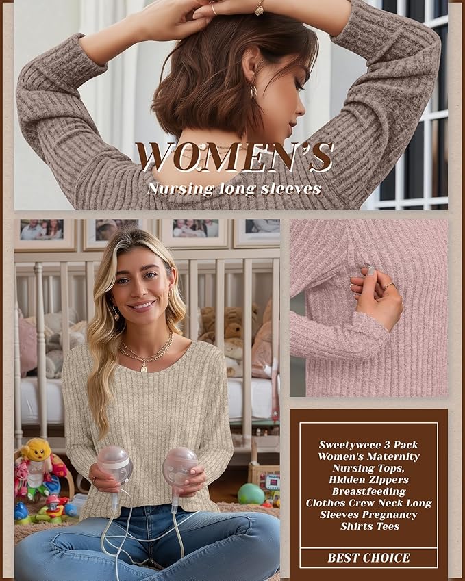 3 Pack Women's Nursing Long Sleeve Tops Breastfeeding Thermal Sweaters with Hidden Zipper Maternity Ribbed Shirts