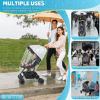 Universal Clear Stroller Rain Cover, No-Zip Waterproof Stroller Cover - Food Grade EVA & Frosted PVC, Baby Travel Weather Shield, Breathable Rain Cover for Most Single Strollers, Black