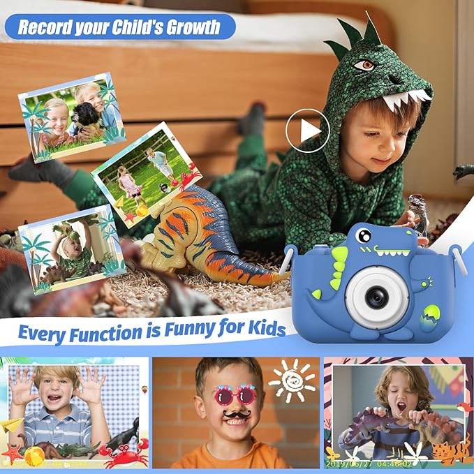 Upgrade Dinosaur Kids Camera, Christmas Birthday Gifts for Girls Boys 3-12, 1080P HD Selfie Digital Video Camera for Toddlers, Cute Portable Little Girls Boys Gifts Toys for 3 4 5 6 7 8 9 Years Old