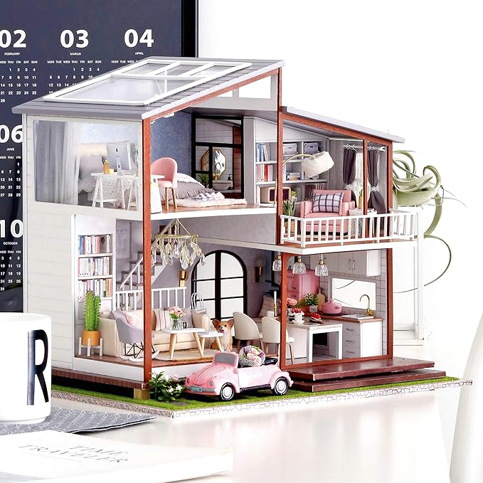 Spilay DIY Dollhouse Miniature with Wooden Furniture,DIY Dollhouse Kit Large Villa Model with LED Light & Music Box,1:24 Scale Creative Room Gift for Adult Teenager