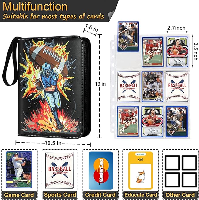 Football Card Binder, 9 Pocket Trading Card Binder with 50 Removable Sleeves Fits 900 Cards, Sports Card Collection Binder Album for Cards Case Organizer Boys Girls Toys Gift (Blast 9 Pocket)