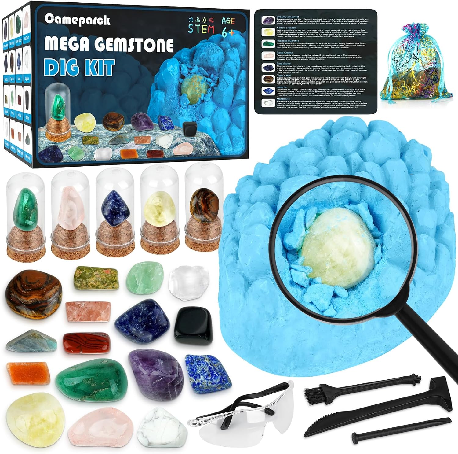 Gemstone Dig Kit (Unique Shape),Great STEM Science Kit for Kids- Excavate Your Own 16 Real Gemstones,Educational DIY Toys,Gem Digging Kit,Archaeology Geology Gifts for Boys & Girls Ages 6+