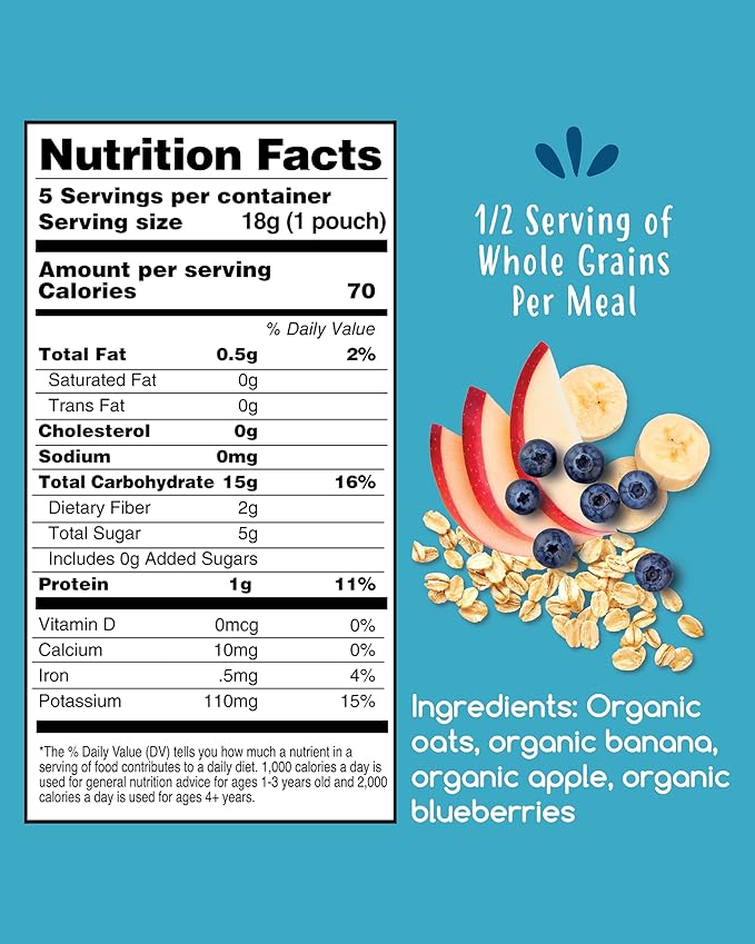 Amara Organic Baby Food - Stage 2 - Oats & Berries - Baby Cereal to Mix With Breastmilk & Water - Shelf Stable Baby Food Pouches Made from Organic Fruit and Veggies - 5 Pouches, 3.5oz Per Serving