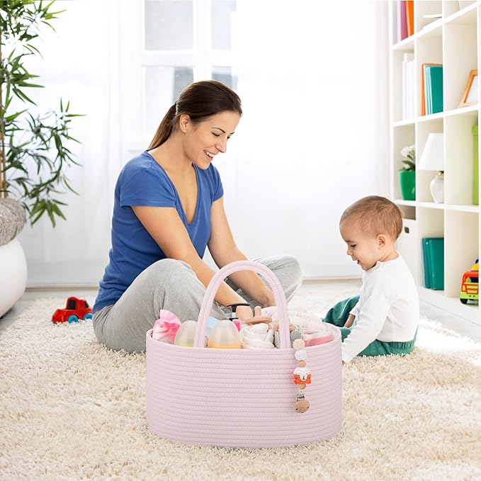 COMSE Baby Diaper Caddy Organizer, Car Caddy, Diaper Change Organizer, Gift Baskets Empty, Portable Tote Bag with Divider, Baby Shower Gifts Newborn Essentials Registry Must Have, Light pink