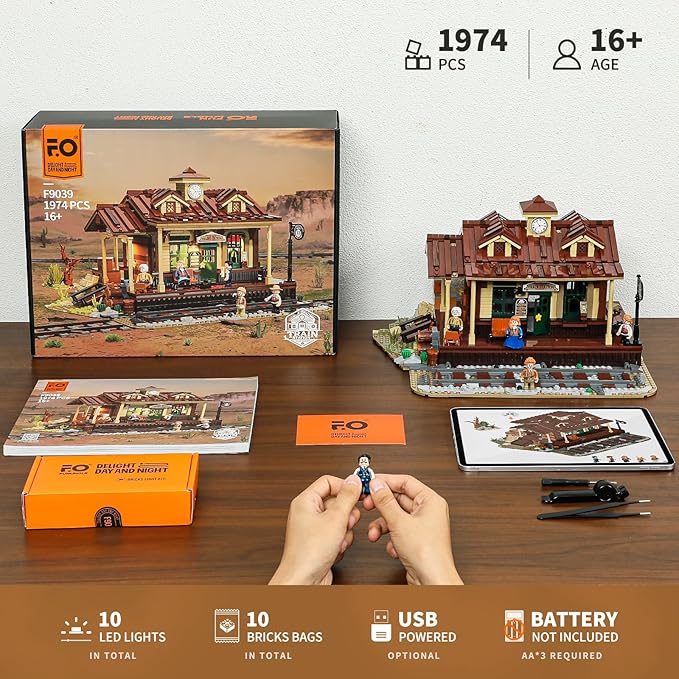 FUNWHOLE Wild West Train Station Lighting Building-Bricks Set - 1975 Pcs Collectible Train Playset for Adults and Teens