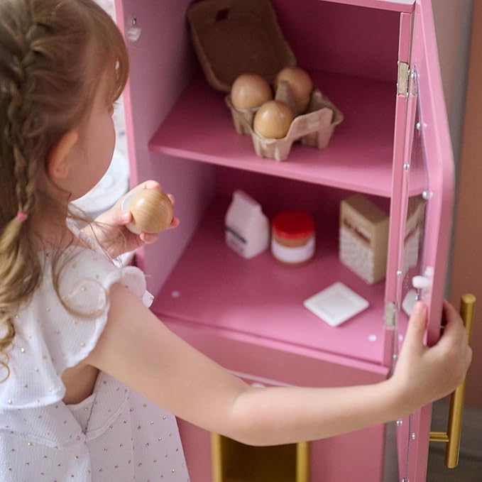 Teamson Little Chef Savannah Wooden Montessori Pretend Play Kitchen for Toddlers Kids Ages 3+ Modular Three-Piece Set with Sink Cart Stove & Fridge for Boys and Girls Playset – Pink