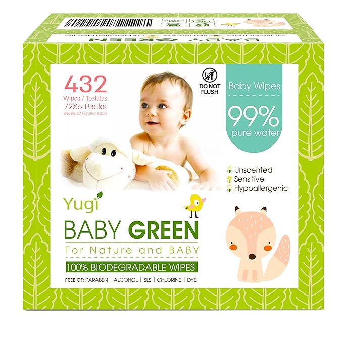 Yugi Green Baby Wipes – Unscented, Compostable, Biodegradable, Plant-Based, Fragrance-Free, for Sensitive Skin & Babies – 6 Packs of 72 (432 Count)