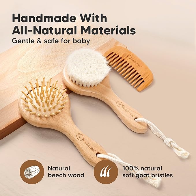 Baby Hair Brush and Comb Set for Newborn - Wooden Baby Hair Brush Set with Soft Goat Bristle, Baby Brush Set for Newborns, Baby Brush and Comb Set Girl, Boy, Toddler Cradle Cap Brush (Round, Walnut)