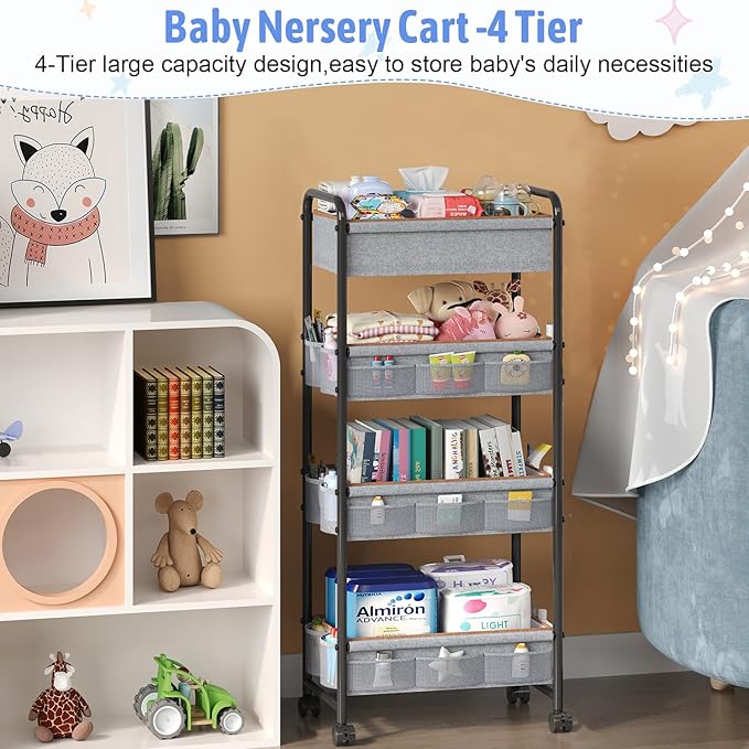 4-Tier Baby Diaper Caddy Cart Organizer,Mobile Nursery Baby Dresser Clothes Organizer with Wheels,with 2 Dividers & 21 Mesh Pockets，Metal Utility Cart for Nursery,Bedroom,Bathroom