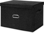Large Linen Fabric Foldable Storage Bins with Removable Lid and Handles, Washable Storage Box Organizer Containers Baskets Cube with Cover for Bedroom,Office(Black, XXL)