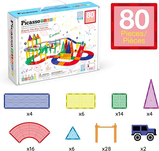 PicassoTiles 80pc Race Car Track Magnetic Tiles Building Block Educational Toy with 2 Light Up Cars Kids Toddler Toys Magnets Tile STEM Learning Construction Tracks for Fine Motor Skill Training PTR80