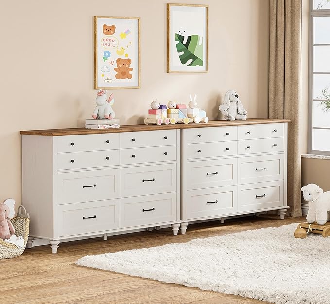 WAMPAT 2-in-1 Kids Dresser for Nursery with 16 Drawers, Off White Baby Dresser Set for Kids Room, Wide Wooden Chests & Dressers for Bedroom, Distressed Storage Organizer for Child’s Room, 54 Inch