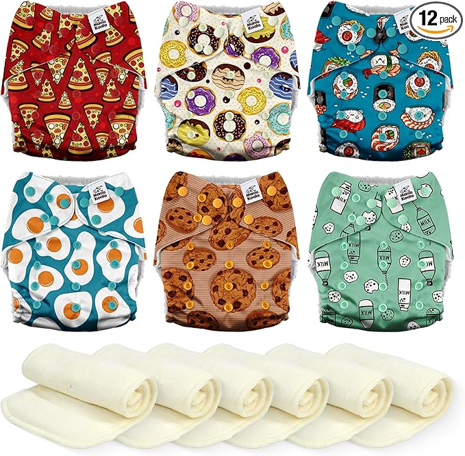Mama Koala 3.0 Cloth Diapers for Babies, 6 Pack One Size Washable and Reusable Pocket Diapers for Newborns and Toddlers (Food Meeting)