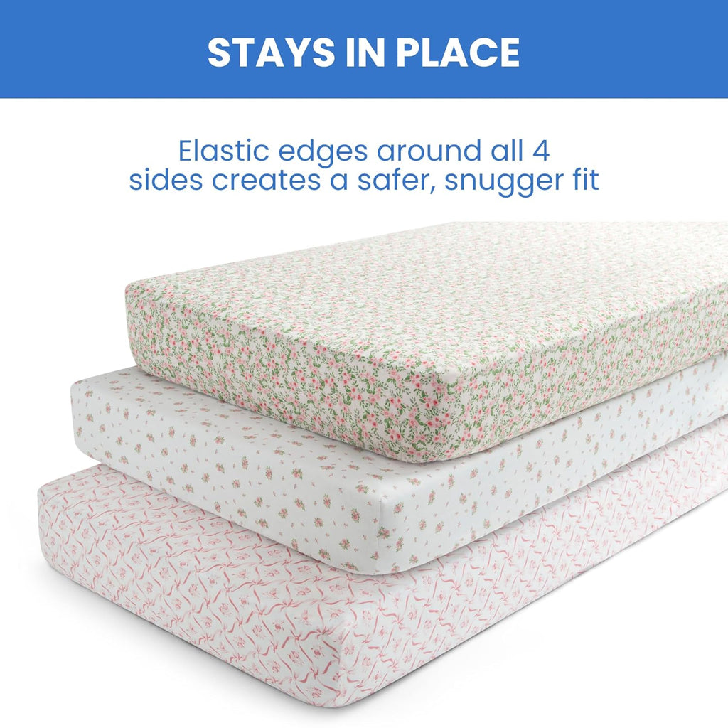 Delta Children Fitted Crib Sheets for Girls and Boys - Crib Sheet for Standard Crib and Toddler Mattresses - 28x52 Inch (Pack of 3), Pink Floral