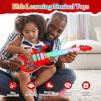Kids Guitar and Microphone Playset with 4 Strings, Electric Guitar Kit with Lifting Mic Stand, Toddler Toys Musical Instruments Starter Kit, Karaoke Machine Toys for Boys Girls Christmas Guitars Gifts