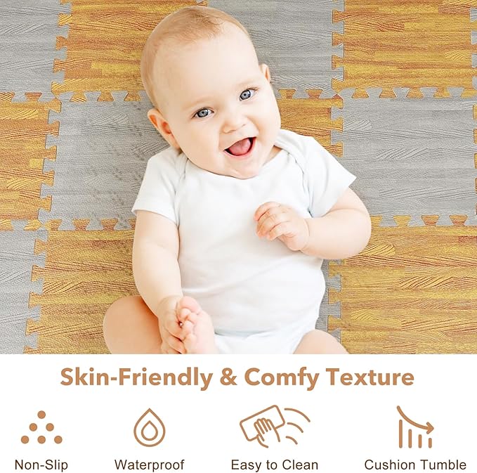 Skyweaver 12 Tiles Soft Non-Toxic Baby Play Mat for Floor EVA Foam Jigsaw Puzzle Play Mat, Interlocking Squares with 0.6inch for Babies, Toddlers & Kids Gym, Nursery, Playroom, Gray