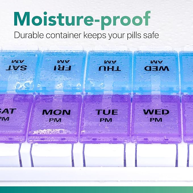 Sukuos AM PM Weekly 7 Day Pill Organizer, 2 Times A Day Pill Box with Arthritis Friendly Push Button, Medicine Cases for Vitamin/Fish Oil/Supplements, Easy to Clean (Purple&Blue)