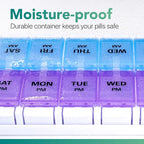 Sukuos AM PM Weekly 7 Day Pill Organizer, 2 Times A Day Pill Box with Arthritis Friendly Push Button, Medicine Cases for Vitamin/Fish Oil/Supplements, Easy to Clean (Purple&Blue)