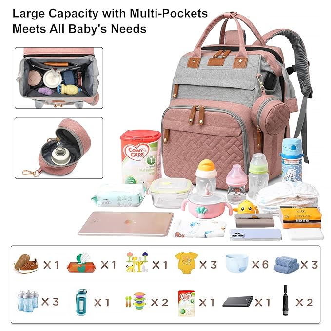 Diaper Bag Backpack Diaper Bag Multifunctional Waterproof Diaper Bag with Changing Station Travel Backpack with Changing Pad, Baby Baby Pacifier Case & Stroller Straps(PinkGrey)