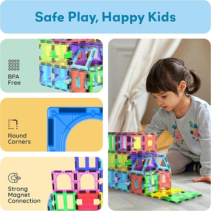 PicassoTiles 42pcs Magnetic Tiles Magnet Blocks See-Through Shape STEM Toys Building Block Educational Playset Compatible with Major Brand Tile -Starter Set for Boys and Girls Toddlers Ages 3+ PT42