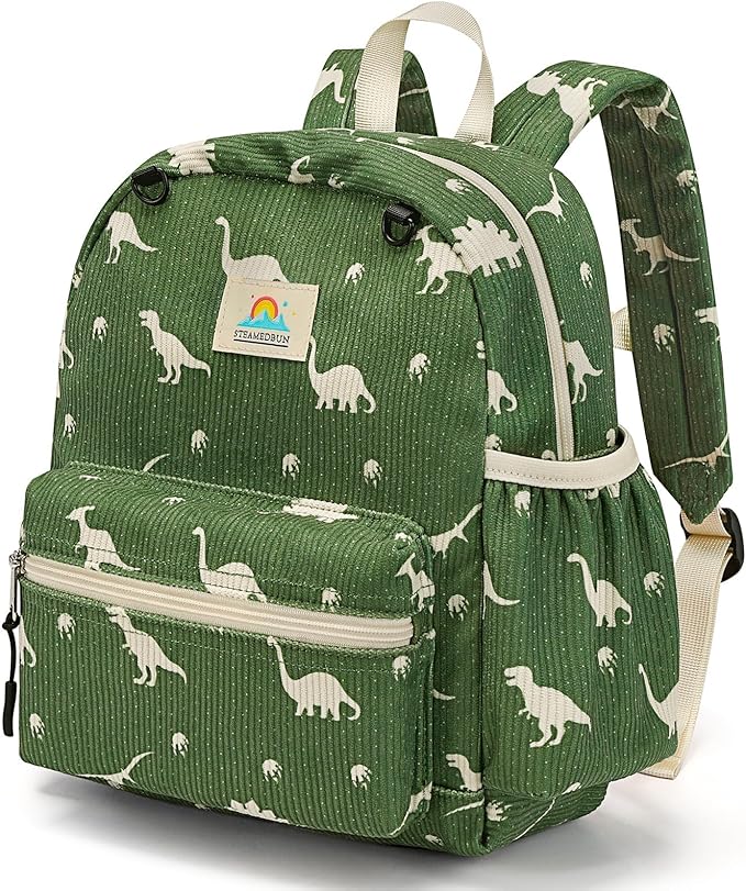 STEAMEDBUN Corduroy Toddler Backpack for Boys 2-4: Kids backpack for Boys Girls - 12 inch Preschool Kindergarten Backpacks - Dinosaur